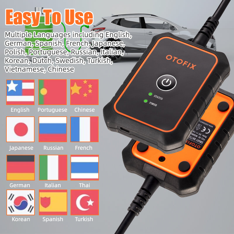 OTOFIX BT1 Lite Battery Tester is easy to use, it multiple languages including English, German, Spanish, French, Japanese, Polish, Portuguese, Russian, Italian, Korean, Dutch, Swedish, Turkish, Vietnamese, Chinese.